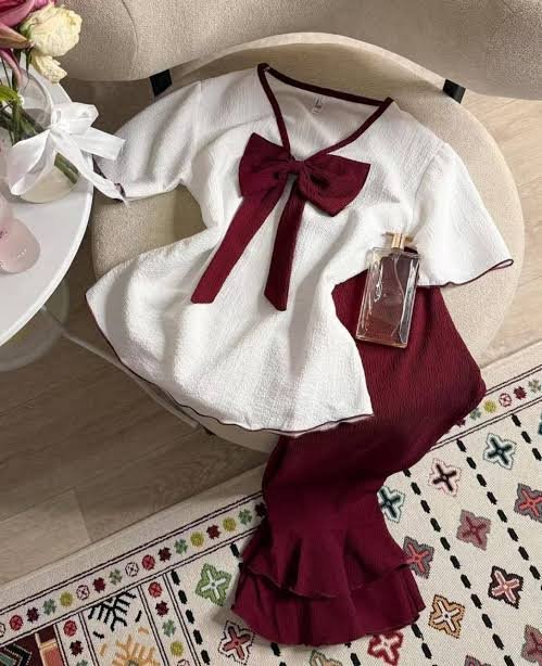 Sweetheart Ruffle Set - Maroon & White (Tops + Pant + inner )
